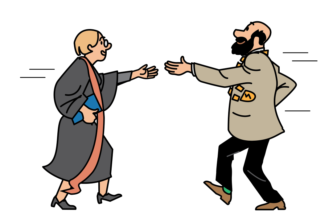 En kvinne og en mann møtes i et håndtrykk. Illustrasjon.