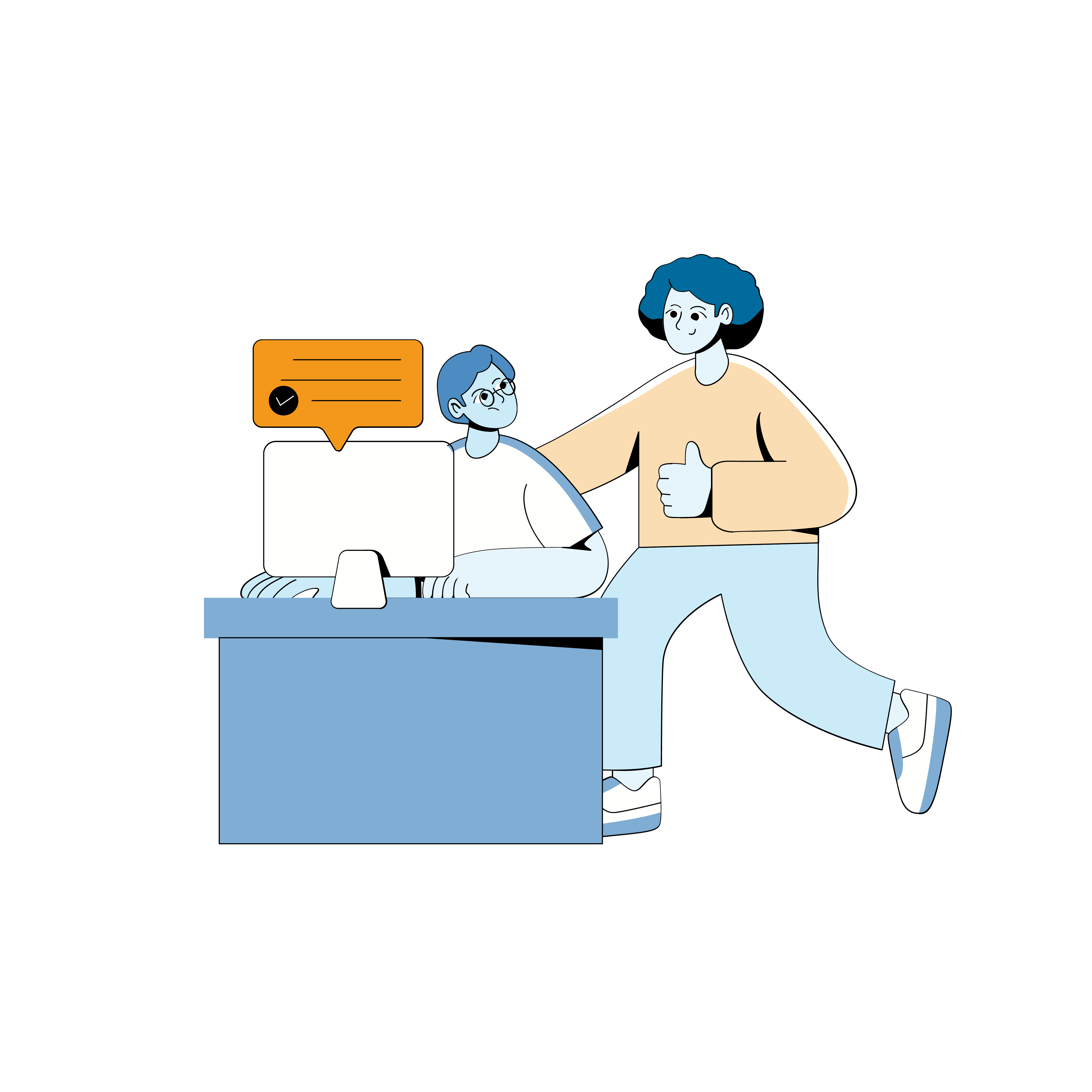 Illistrasjon av to personer som finner informasjon på en pc