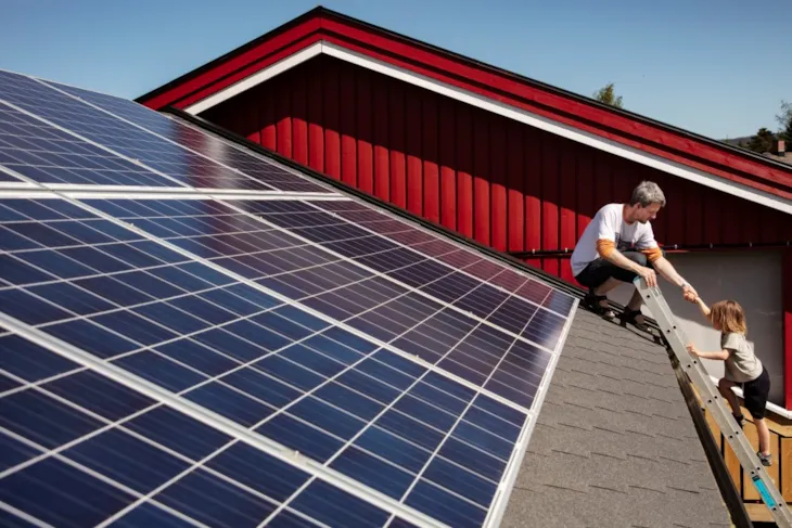 Bilde av taket på et bolighus som er dekket av solceller. En pappa hjelper et barn opp stigen til taket.