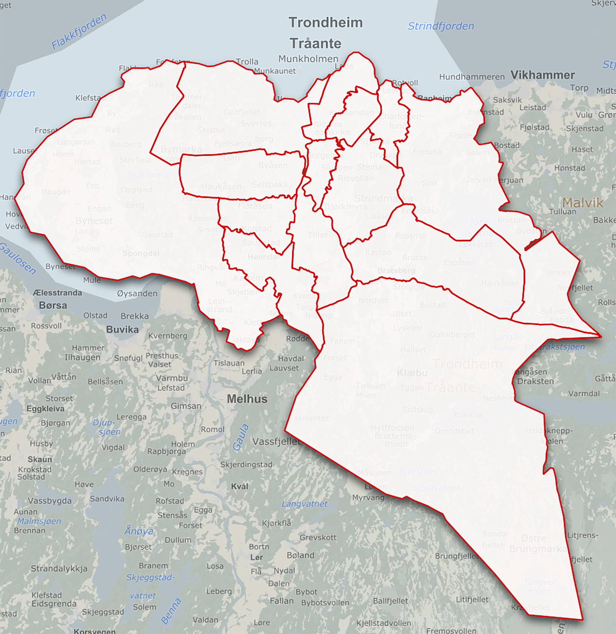Et kartutsnitt av Trondheim kommune, med et lag som viser inndelingen i 13 oppvekstområder
