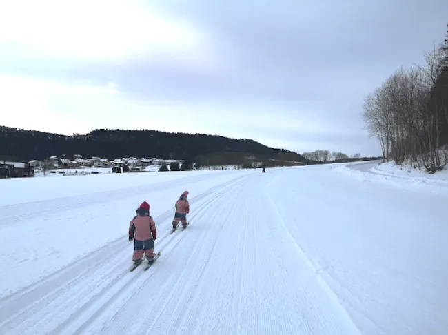 To barn på skitur på et flatt område