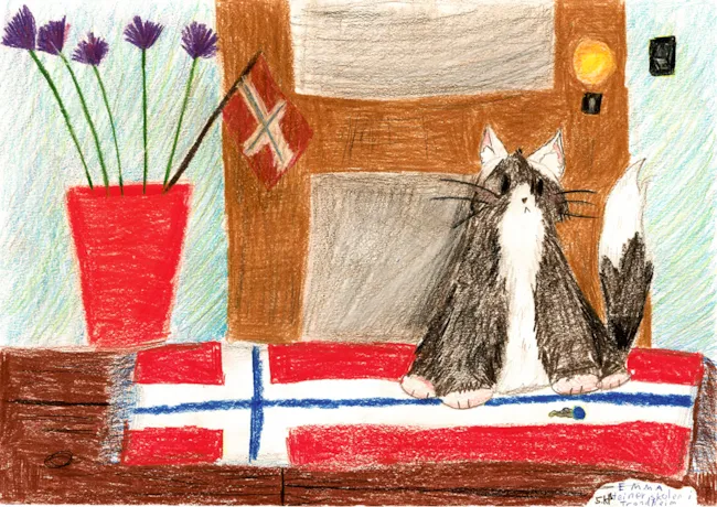 Barnetegning av katt som sitter på flagg