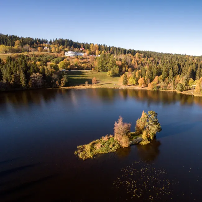Lianvatnet med øy og gressplen i bakgrunnen