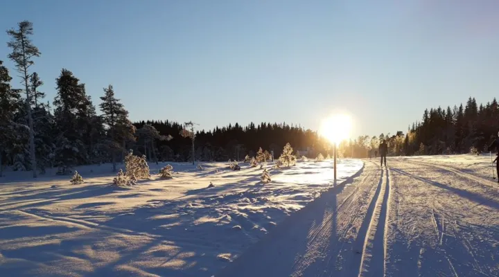 Soloppgang over skiløype ved Leirmyrene