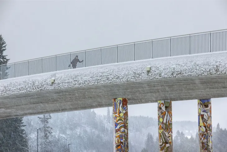 En bro med skiløper som går over, søylene under broen er dekorert