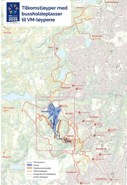 Kart over tilkomstløyper til Granåsen