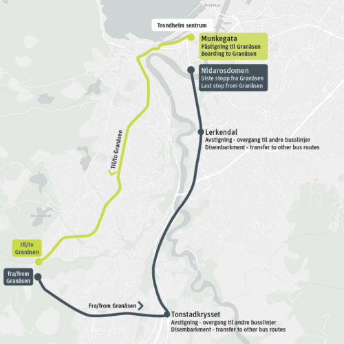 Trasekart for skyttelbussen til Granåsen