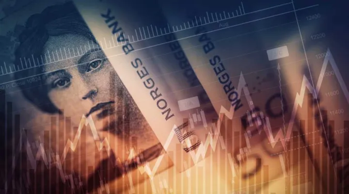 Norske sedler og en illustrasjon av økonomisk graf