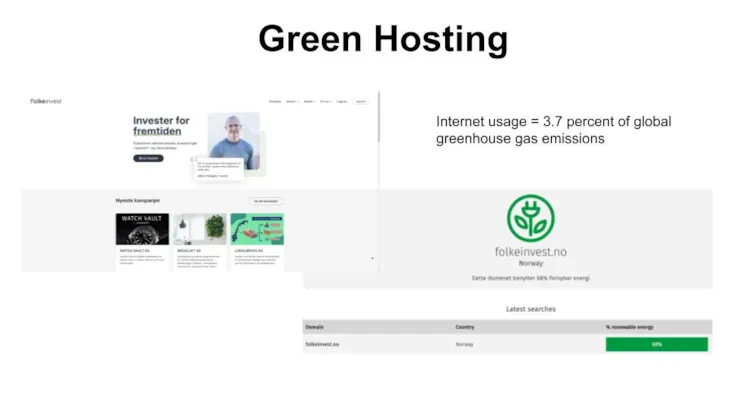 Bilde av en slide som omhandler Green hosting.