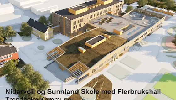 Digital illustrasjon av hvordan nye Nidarvoll- og Sunnland skole med flerbrukshall skal se ut.