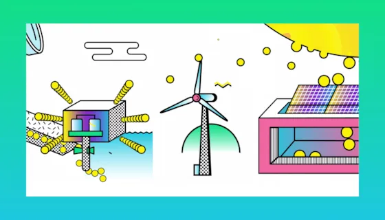 Bilde av animert vindmølle, vannkraftverk og solceller som fanges i solcellepanel