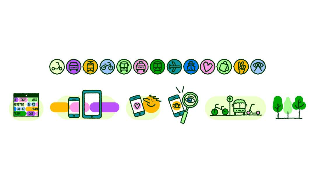 Illustrasjon fra mobee-universet. Små ikoner i farger av diverse transportmidler, samt telefon, trær, buss etc.