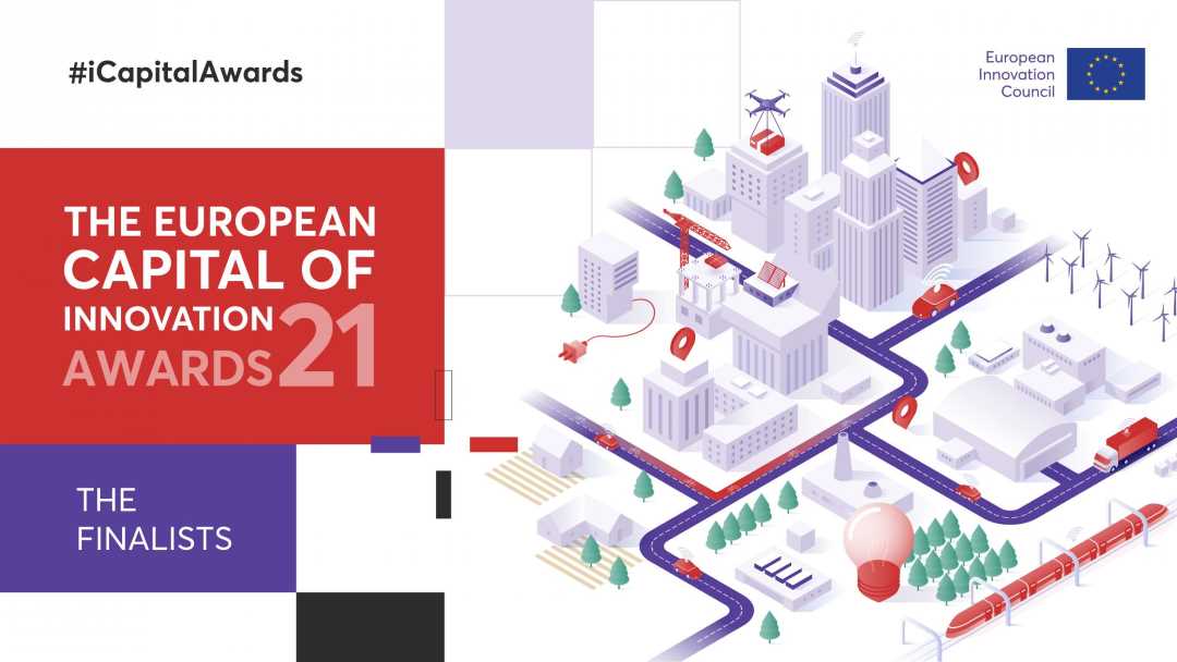 Et tegnet bilde av en by, med teksten The European Captial of Innovation Awards 21. The Finalists, ved siden av.