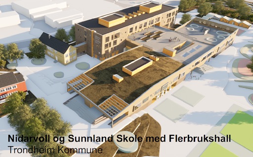 Digital illustrasjon av hvordan nye Nidarvoll- og Sunnland skole med flerbrukshall skal se ut.